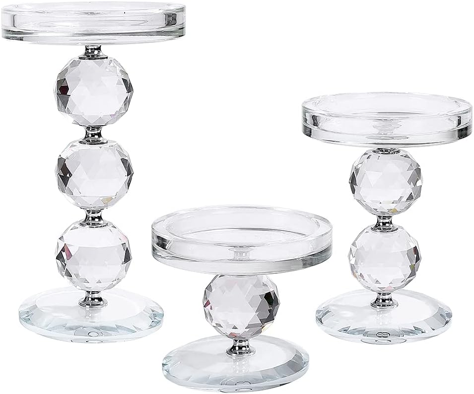Crystal Pillar Candlestick Holder Set of 3 Clear Glass Candlestick Holder Ideal Centerpieces for Wedding and Birthday Party and Holidays : Home & Kitchen