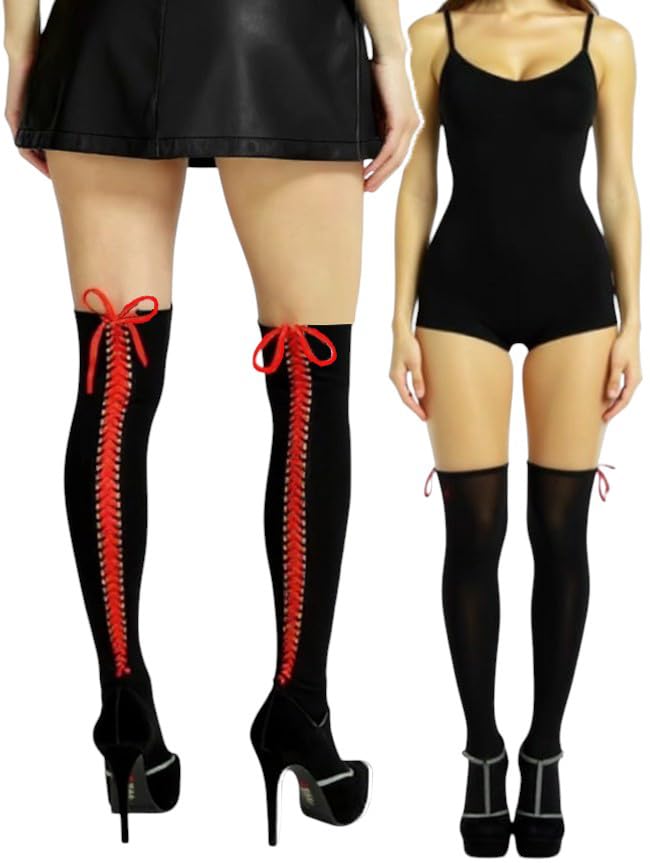 Image of ToBeInStyle Women's Lace Up Back Seam Tights Sheer or Opaque Hosiery Stockings Crisscross Lace Ribbon Zigzag Design