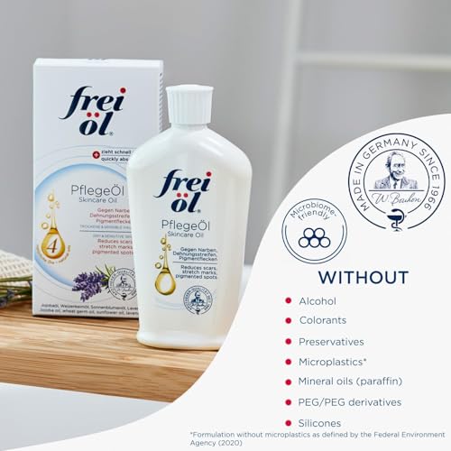 Image of frei ol skincare oil - fast absorbing, nourishes skin soft and smooths - excellent as body oil for stretch marks removal and vitamin e oil for scars, microbiome-friendly and vegan, 125 ml / 4.23 Fl Oz