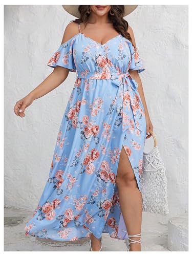 Image of Floerns Women's Plus Size Cold Shoulder Short Sleeve Split Thigh Long Dress