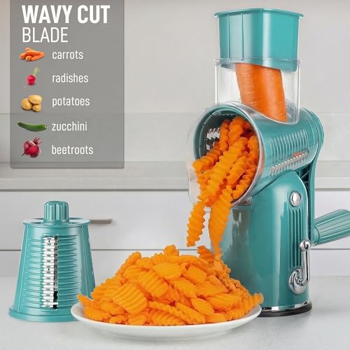 Image of Zulay Kitchen Rotary Cheese Grater 5 Blade Cheese Shredder - Manual Hand Crank Cheese Grater With Reinforced Suction & 5 Interchangeable Drums - Easy to Use, Vegetable Chopper Round Mandoline Slicer
