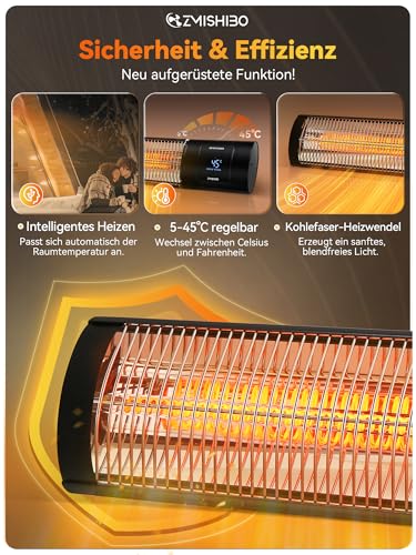 ZMISHIBO Infrarot Heizstrahler 2000W, 4 Heizstufen, IP65 für innen & außen, Wand- & Deckenmontage, mit APP, LED-Display, Fenster-Offen-Erkennung & Kindersicherung