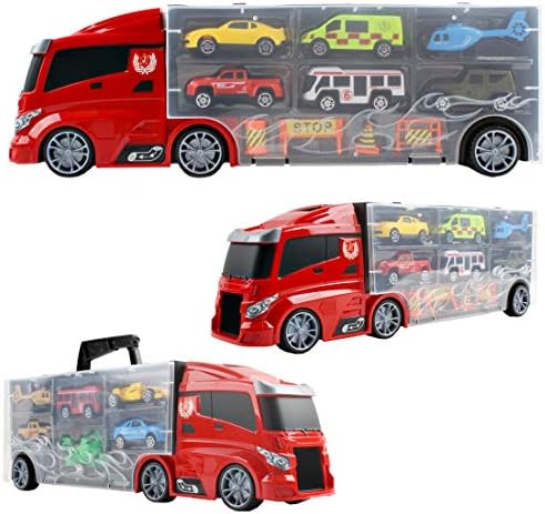 deAO Transporter Truck Carrycase for Cars Set Carrier Including a Total of 12 Vehicles, Accessories and Play Map, Multicolor/Assorted