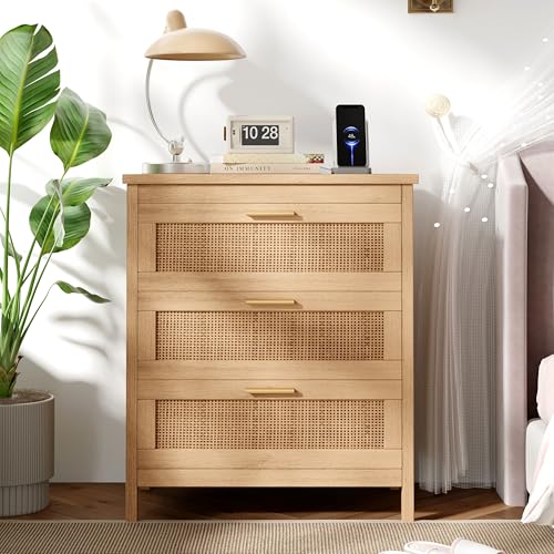 Modern Rattan Nightstand with Charging Station and 3 Drawers