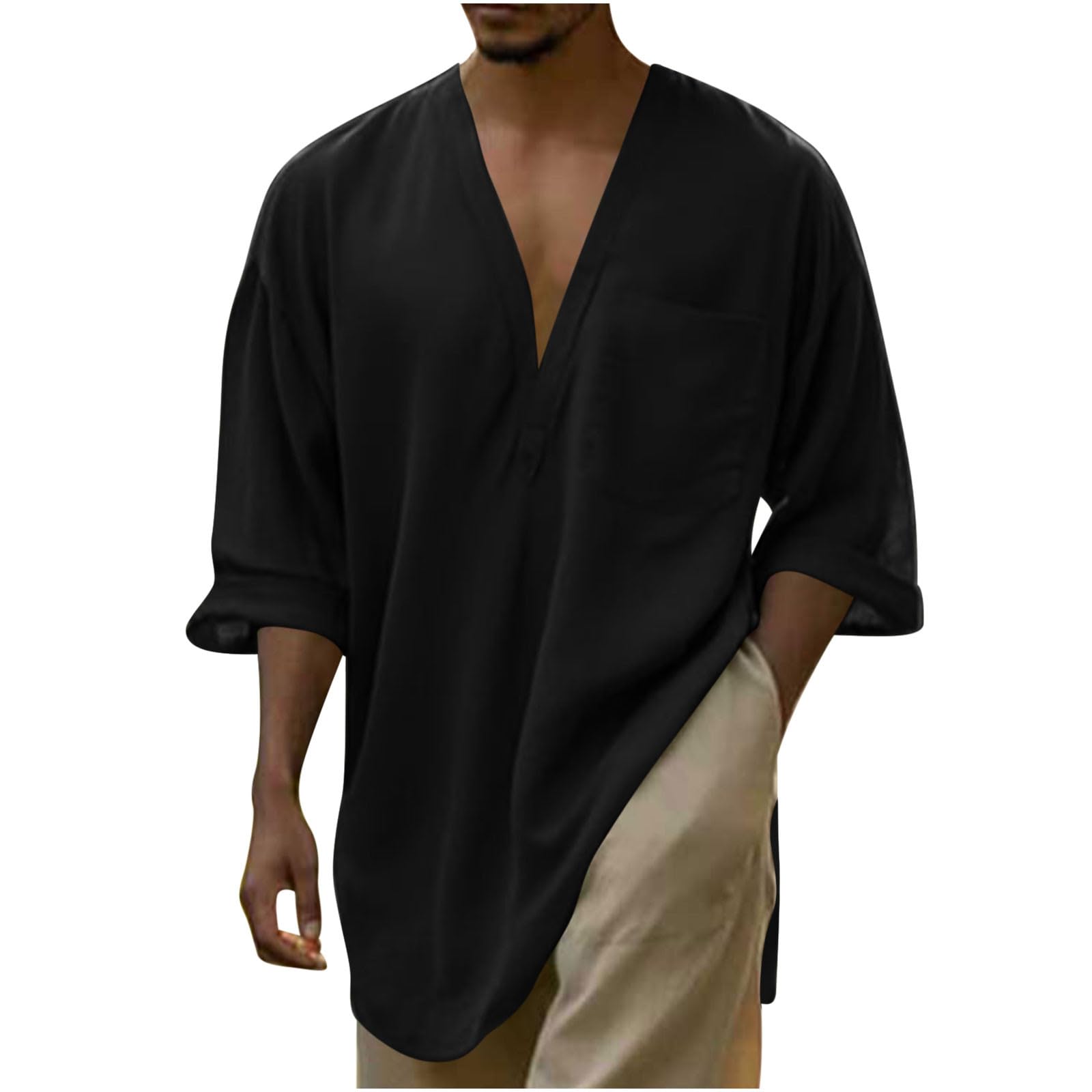 Men 3/4 Sleeve Linen Shirts Deep V Neck Loose Fit Pullover Blouse Lightweight Beachwear T Shirt Casual Summer Tops