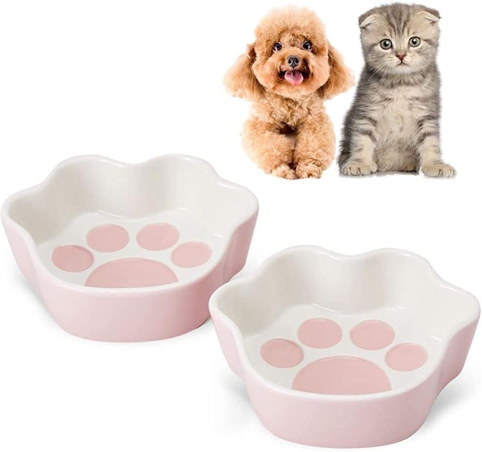Pink Ceramic Cat Bowl Double Kitten Dish for Food and Water,Cute