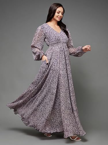 Image of Miss Chase Women's Multicolored-Base-Brown Relaxed Fit Maxi Lurex Chiffon Dress