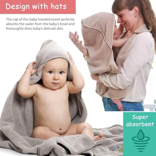Image of KELRICER Hooded Baby Towels for Newborn, Hands Free Baby Hooded Bath Towel, Oversized Baby Towel with Super Absorbent 100% Cotton, 35.4 * 35.4 Inch Full Coverage Kids Bath Towel (Khaki)