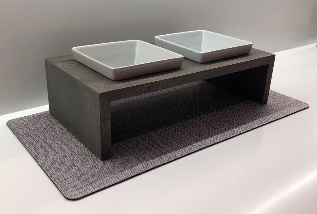 Bowsers Artisan Diner Double Dog Feeder - Handcrafted Rubberwood Frame with Square Ceramic Bowls Feeder for Dogs - Fossil, Small, 15" x 7" x 4"