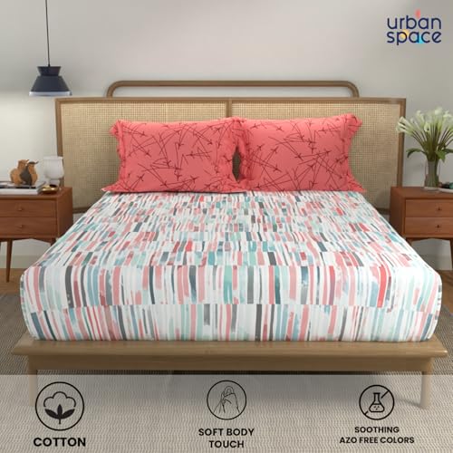 Image of Urban Space Divine Collection 144 TC 100% Cotton Double Bedsheet with 2 Pillow Covers, Stripes Pink