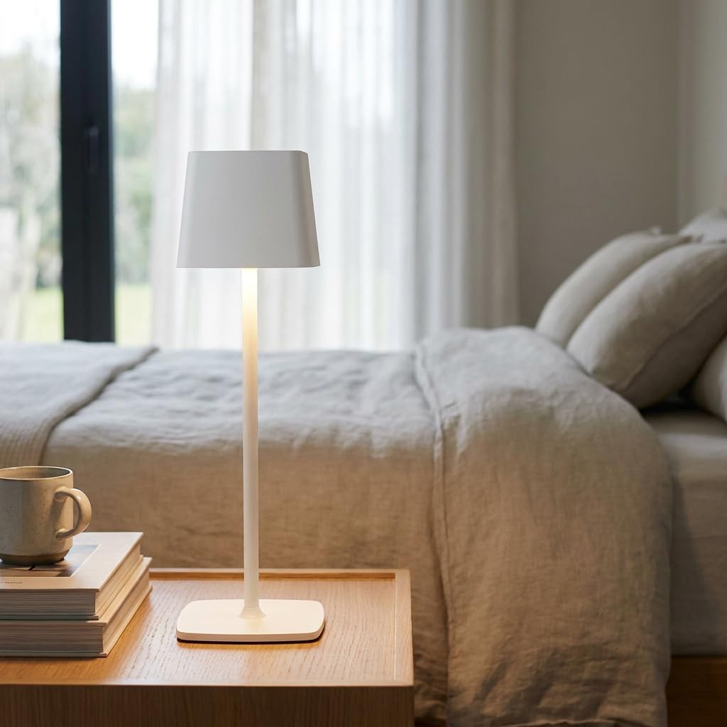 DiKasa Lampada da Tavolo LED Touch Roma Bianca Senza Fili Ricaricabile USB con 3 Temperature di Luce e Intensità Regolabile, Lampada Moderna in Metallo e Alluminio 10x37,5 cm