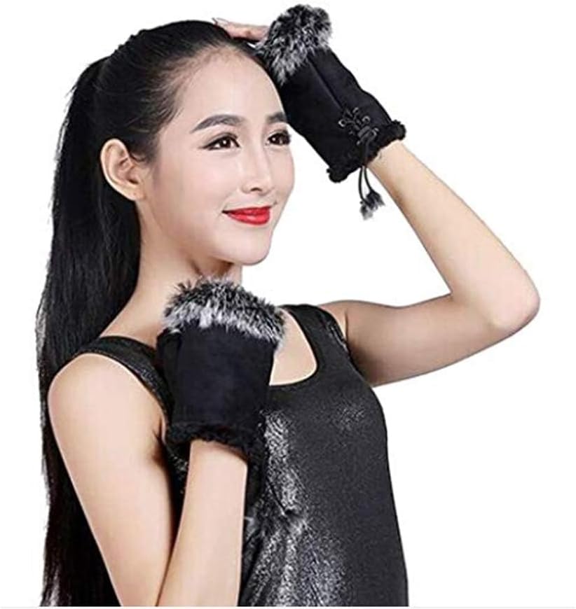 ITODA Suede Women Fingerless Gloves Faux Fur Warm Wrist Half Finger Driving Texting Winter Fuzzy Cold Weather Warmer Mitten - Image 8