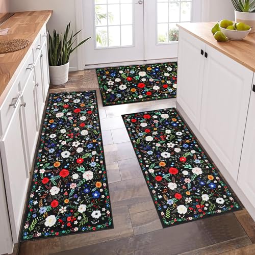 PCSWEET HOME Floral Kitchen Rug Sets 3 Piece, Washable Kitchen Mats for Floor Non Slip Soft Thick Kitchen Floor Mat Carpet Runner Rugs for Hallway Laundry Room, Black