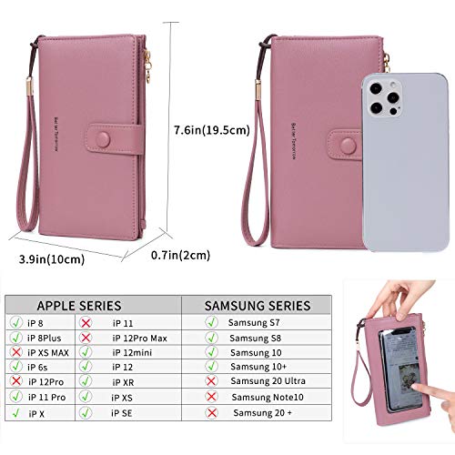 Image of myfriday Touch Screen RFID Phone Crossbody Purse with 2 Straps for Women | Clear phone window, RFID card space, 11 slots and zip pockets support quick calls, errands, theme parks and travel