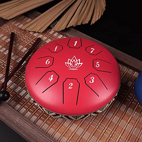 Yamaer Steel Tongue Drum 8 Notes 6 Inches Steel Hand Drum C-Key With Bag, Music Score, Drumsticks. (Red) #TOP4