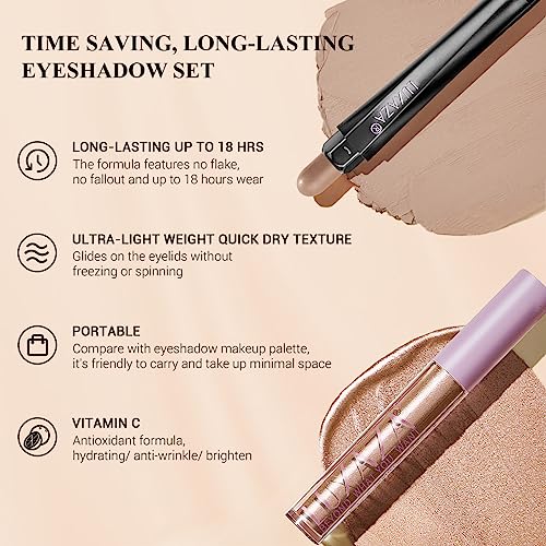 Luxaza 2Pcs Liquid Eyeshaow And Cream Eyeshadow Stick Set,Champagne Shimmer & Metallic Glitter Eyeshadow,Matte Eyeshadow Pencil Crayon,Long Lasting Liquid Eye Makeup,Quick-Drying Sparkling Eye Shadow Glitter Makeup Kit #005 #TOP4