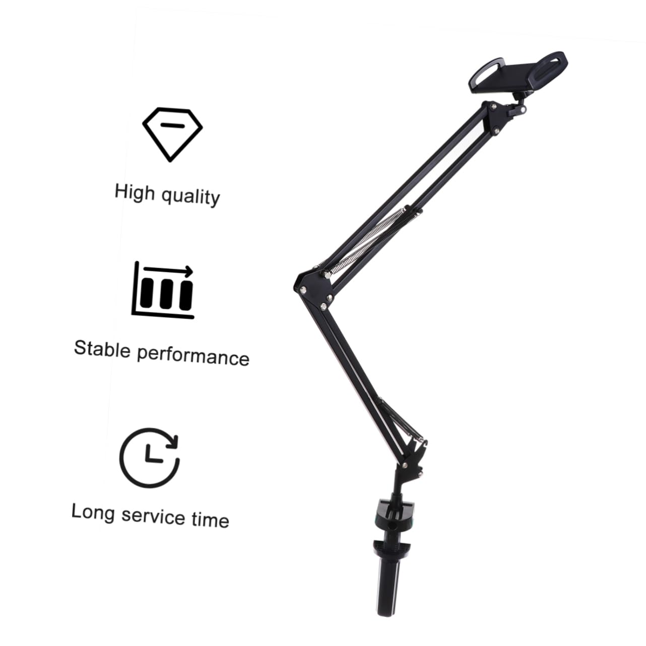 HEMOTON Supporto per Tablet e Telefono da Scrivania, Braccio Articolato Regolabile, 360° Girevole, Clip in Ferro e Plastica, Nero