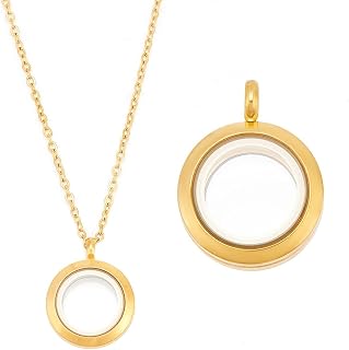 Round Photo Charms Necklace Stainless Steel Locket Pendants Crystal Double-Sided Frame Memory Locket Round Charm with 17.7inch Chain for Wedding Jewellery Making Photo