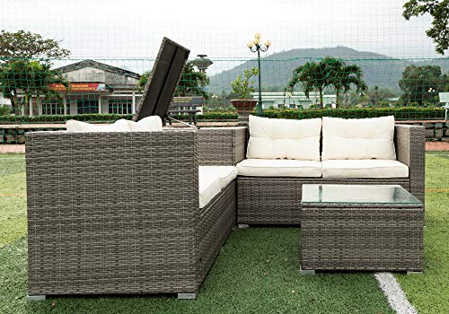 Fanye 4 Pieces Patio Furniture Weather Outdoor Conversation Sets Pe Wicker Rattan Sectional Sofa Couch With Storage Box,Glass Top Coffee Table And 2 Loveseat, Grey, Gray+Crame #TOP1