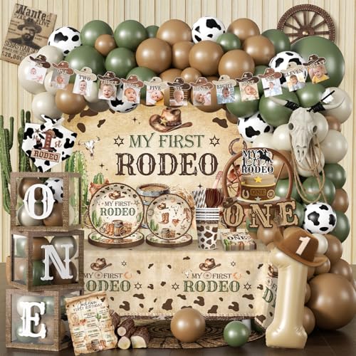 Fexivo 258pcs My First Rodeo Decorations Boy for 25 Guests Worry-free One-stop Set with Banner Thick Plates and Cupcake Toppers Easy Setup for 1st Rodeo Birthday Party