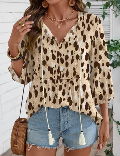 Rapbin Women Summer Boho Tops 3/4 Sleeve Pleated Blouses Casual V Neck Tie Front Spring Tunic Tops by Rapbin - Used condition - Image 4