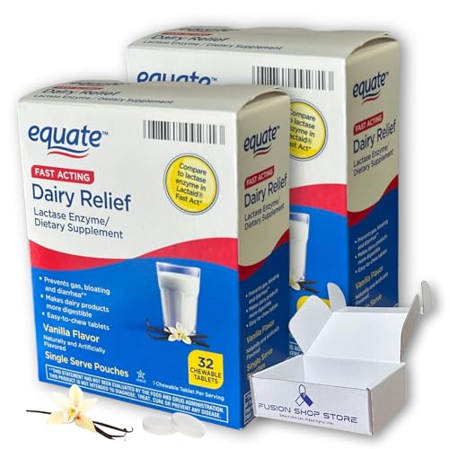 Dairy Pills for Lactose Intolerance- Fast Acting Relief Vanilla Flavor, 32 chewable Tablets, Lactaid Chewables, Lactase Enzyme (Pack of 2), Boxed by Fusion Shop Store