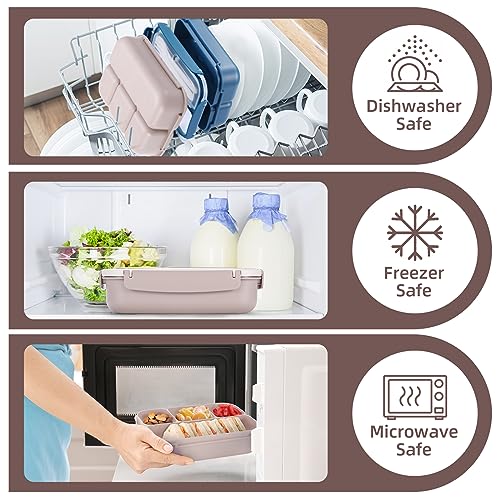 Image of QQKO Bento Box Adult Lunch Box, Lunch Containers for Adults Men Women, Kids Lunch Boxes for School with 4 Compartments, Sauce Container, Utensils and Muffin Cups, Brown