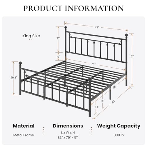 Image of SHA CERLIN 14 inch King Size Metal Platform Bed Frame /Victorian Headboard and Footboard /Steel Slats Mattress Foundation for Storage /No Box Spring Needed /Noise Free /Black