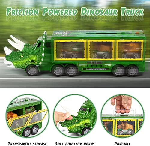 Aoskie Dinosaur Toys for Kids 3-7, Transporter Truck with Roar Sound & Lights, 3 Pull Back Cars, 12 Dinosaurs (23Pcs)