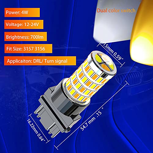 WEIMELTOY 3157 4157 3057 3457 Dual Color Switch Bulbs, white for Pakring Daytime Running Lights, DRl Light, Amber for Turn Signal Light Bulbs, 12V-24V 76SMD with projector lens, 2pcs White/ Amber