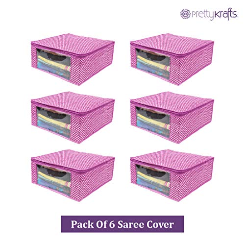 Image of PrettyKrafts Cotton Quilted Large Sari Cover Bag with transparent window, Pack of 6, Pink