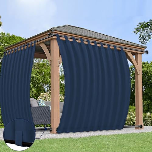 PureFit Outdoor Curtains for Detachable Sticky Tab Top Patio Waterproof/Weatherproof, UV and Fade Resistant Outside Curtains for Gazebo, Porch, Pergola, Privacy Curtain, 110 x 108 inch, 2 Panels, Navy