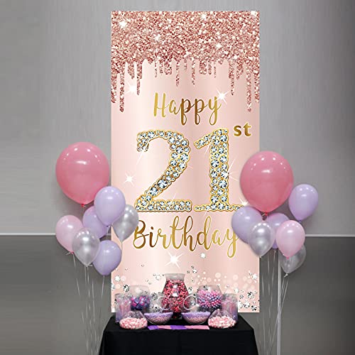 Image of Happy 21st Birthday Door Banner Backdrop Decorations for Women, Pink Rose Gold 21 Birthday Party Door Cover Sign Supplies, 21 Year Old Bday Poster Background Photo Booth Props Decor