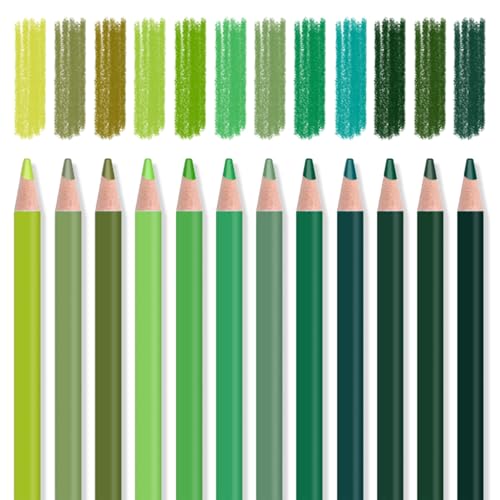 Mifuner 12Pcs Green Colored Pencils Set, Oil Based Drawing Pencils, Pre-sharpened Wooden Professional Sketch Pencil Art Supplies for Adults, Coloring Books, No Duplicates
