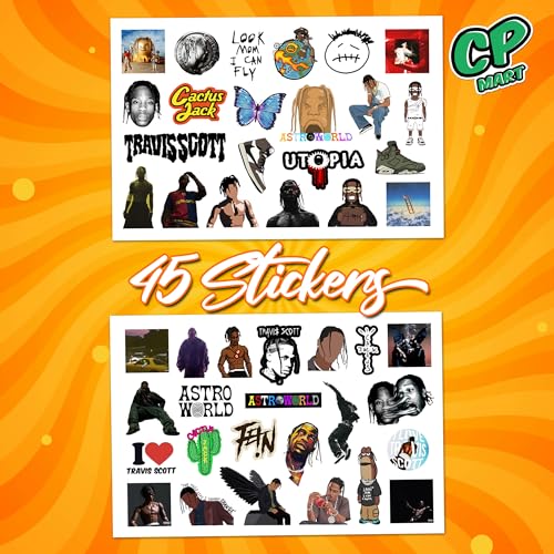 Image of Pack of 45 Travis Scott Stickers - Waterproof Vinyl Decals for Laptop, Water Bottle, Phone, Skateboard & More | Trendy Rapper Stickers for Fans | Hip-Hop Culture Stickers