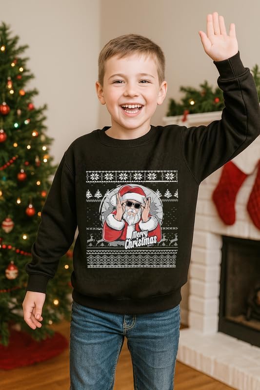 Unisex Child Ugly Merry Christmas Black Sweatshirt Xmas Santa Claus Like A Boss Long Sleeve Shirt 9-10 Years