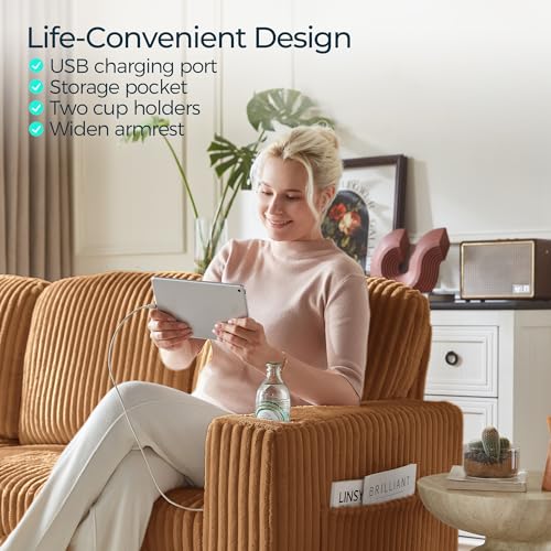 Image of LINSY HOME Sectional Sleeper Sofa with Pull Out Couch Bed - Convertible Plush Corduroy Cloud Couch with Storage Chaise & USB Charging, Comfy L Shaped Modular Couches for Living Room Apartment, Brown