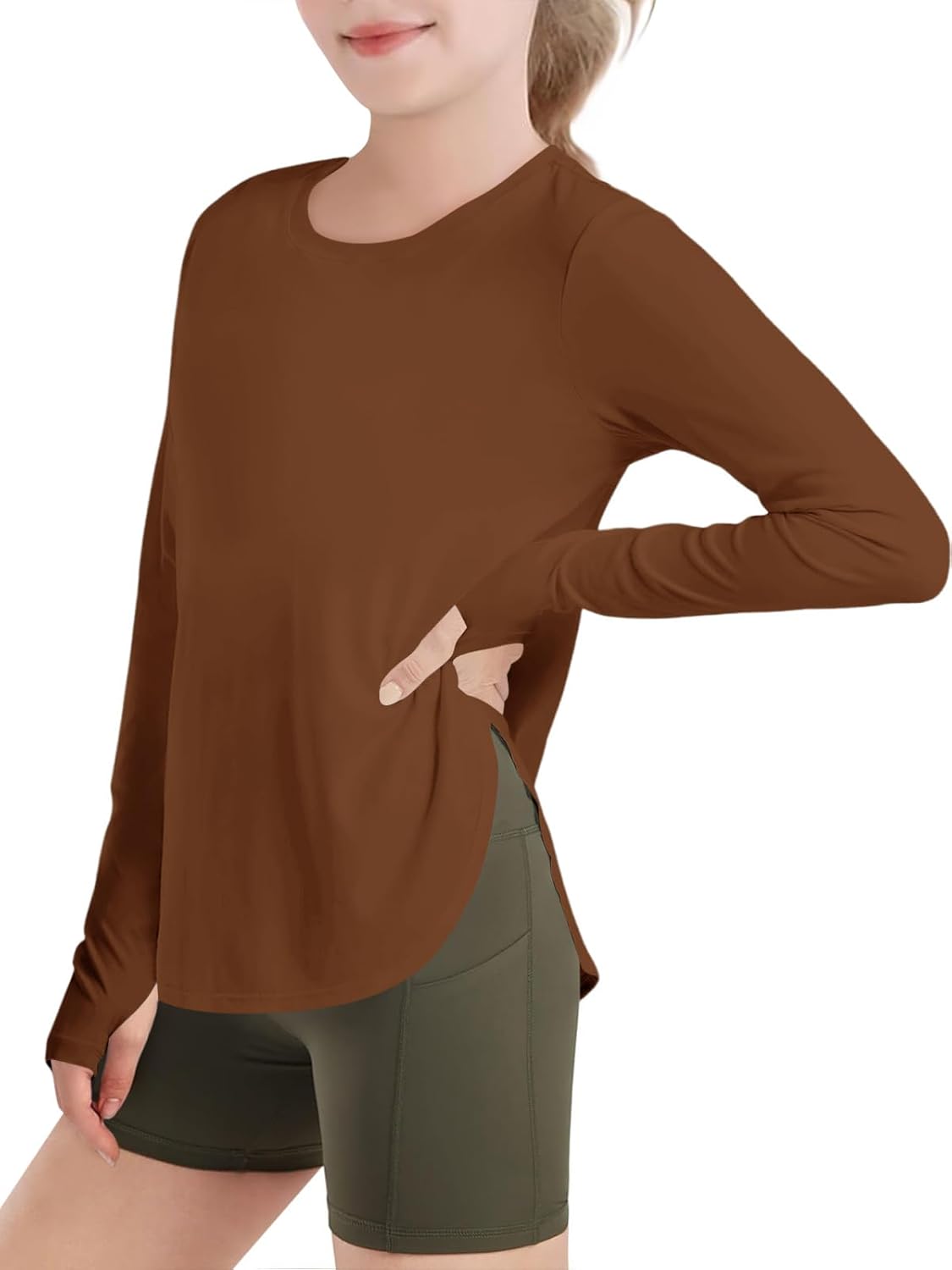 Haloumoning Girls Athletic Long Sleeve Shirts Kids Side Slit Quick Dry Workout Tops Tees with Thumb Hole 5-14 Years