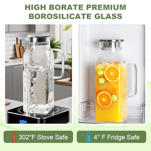 Water Jug for Fridge, 2 Litre Glass Water Jugs with Lid, Water Pitcher Jug Carafe for Milk, Cocktail,Tea,Coffee and Juice Hot or Cold Beverage - Image 4