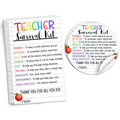 HandEasy 40 Pcs Teacher Survival Kit Teacher Appreciation Gift Tags Thank You Stickers Present Party Favors-A03