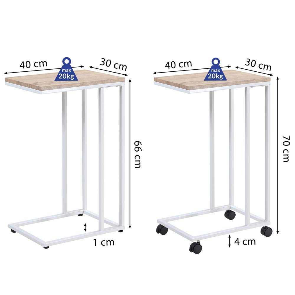 CASARIA® Mesa Auxiliar Forma C Mesita Lateral 4 Ruedas Carga 40 kg Blanco