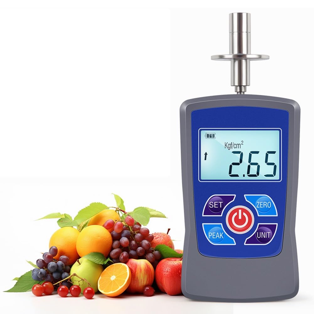 Medidor digital de dureza de fruta con pantalla de kg/fcm², modos de pico/primer pico, modelos GY-M15/GY-M30, gris-negro GY-M30