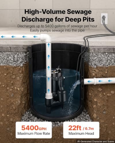 VEVOR Submersible Sump Pump 1/2 HP 5400 GPH Cast Iron Sewage/Effluent Pump — 사진 3