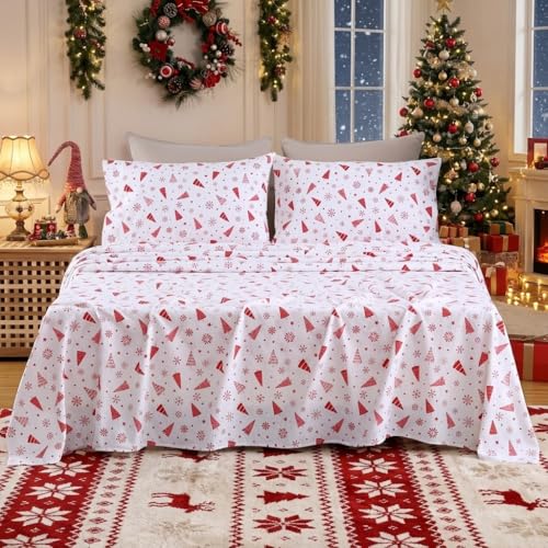 CAROMIO Christmas Flannel Sheets Queen, 100% Cotton Printed Bed Sheet Set, Soft Heavyweight Brushed Flannel, 16 Inches Deep Pocket Winter Warm Sheets 4 Piece (Red Snowflake and Tree, Queen)