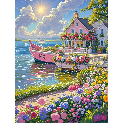 HEIBAGO Paysage Peinture par numéros pour Adultes, Kit de Peinture à l'huile sur Toile par numéro pour Débutants, Peinture à l'huile DIY Bateau pour la...