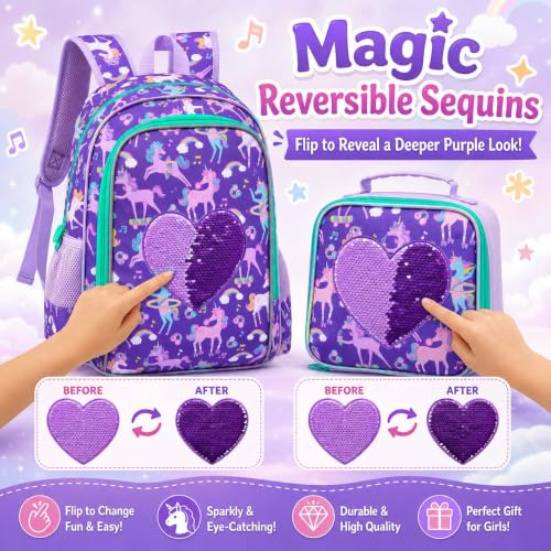 Image of 3Pcs Unicorn Backpack for Girls, 16 inch Sequin Kids Bookbag with Lunch Box，School Backpacks for Elementary Preschool Kindergarten (Purple)