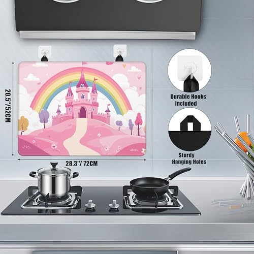 Image of Pink Princess Castle Glass Top Stove Cover Protector,Rainbow Heat Resistant Stove Top Cover, Large Size Range Covers for Electric Stove Countertop Mat, 28 x 20 Inch