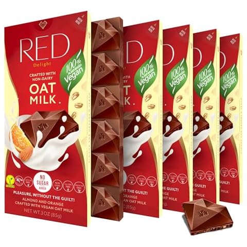 Red Delight Vegan Oat Milk Chocolate - 3 oz, Pack of 6 Full Size Almond and Orange Chocolate Bars - Low Carb Kosher Non-GMO No Added Sugar and Gluten Free Chocolates - European-Made Vegan Chocolates Cover