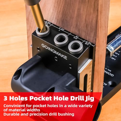 GOINGMAKE All Metal Pocket Hole Jig Kit with Quick Clamp and Dust Collection Easy Use 3 Holes Pocket Hole Screw Jig System 3/8 Inch Accurate Adjustable Drill Guide with Accessories Woodworking Tool - Thumbnail 3
