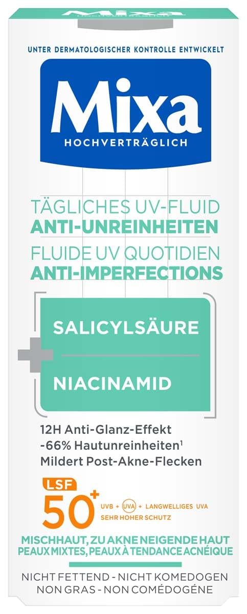 Mixa Krem UV LSF50+ do codziennego użytku, ochrona przed zanieczyszczeniami, wysoka ochrona przed promieniowaniem UV, zmniejsza zanieczyszczenia nawet o 66%, 40 ml